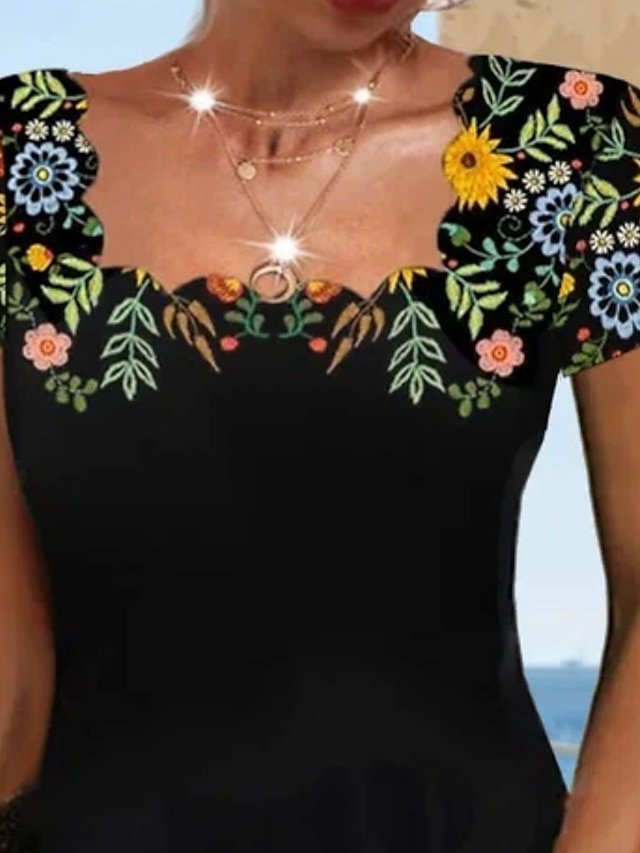 Modern Regular Fit Print Square Neck Short Sleeve Summer Dress - Image 2