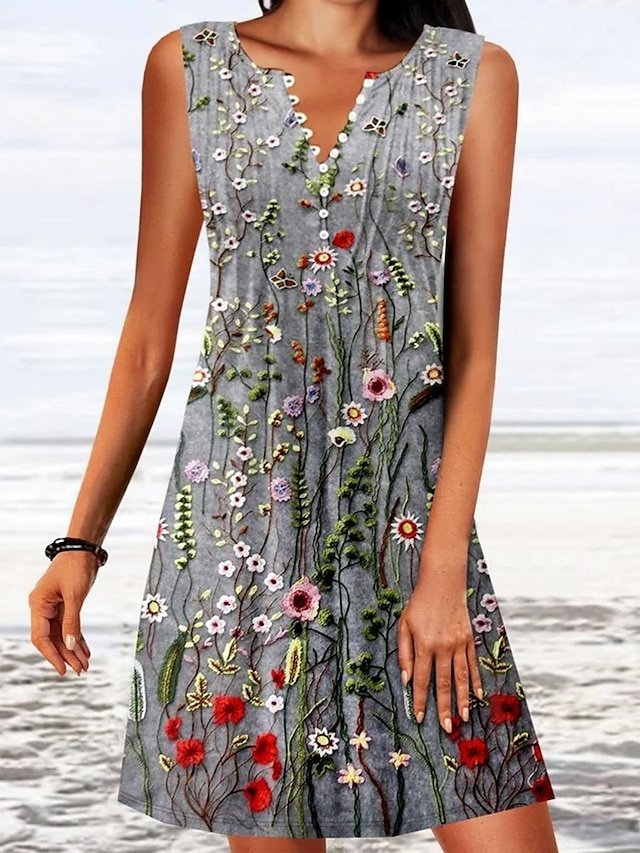 Modern Regular Fit Print V Neck Sleeveless Summer Dress - Image 1