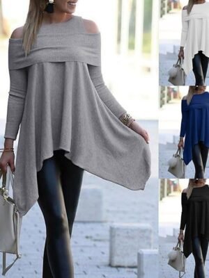 Modern Regular Fit Pure Colour Boat Neck Off Shoulder Long Sleeve Mini Sweater Dress - Image 1