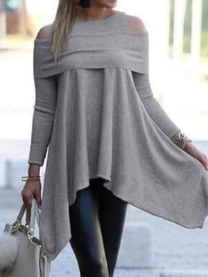 Modern Regular Fit Pure Colour Boat Neck Off Shoulder Long Sleeve Mini Sweater Dress - Image 2
