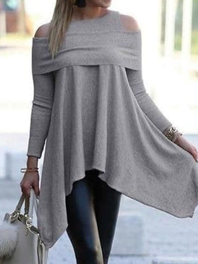Modern Regular Fit Pure Colour Boat Neck Off Shoulder Long Sleeve Mini Sweater Dress - Image 2