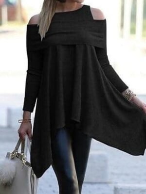 Modern Regular Fit Pure Colour Boat Neck Off Shoulder Long Sleeve Mini Sweater Dress - Image 3