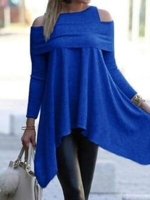 Modern Regular Fit Pure Colour Boat Neck Off Shoulder Long Sleeve Mini Sweater Dress - Image 4