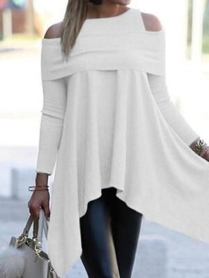 Modern Regular Fit Pure Colour Boat Neck Off Shoulder Long Sleeve Mini Sweater Dress - Image 5