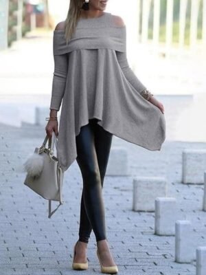 Modern Regular Fit Pure Colour Boat Neck Off Shoulder Long Sleeve Mini Sweater Dress - Image 6