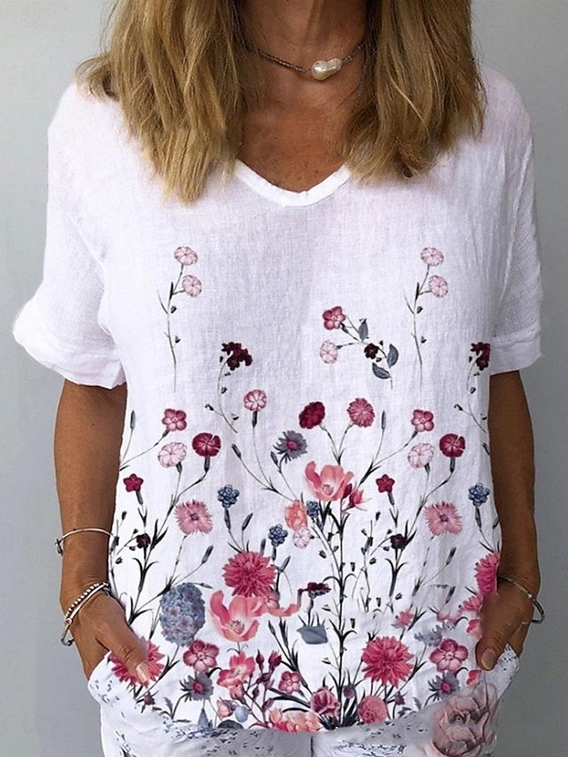 Modern Regular Floral V Neck Short Sleeve T Shirt - Image 1