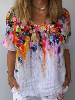 Modern Regular Floral V Neck Short Sleeve T Shirt - Image 2