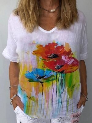 Modern Regular Floral V Neck Short Sleeve T Shirt - Image 3