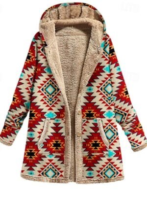 Modern Regular Geometric Hooded Long Sleeve Fleece Jacket - Image 1