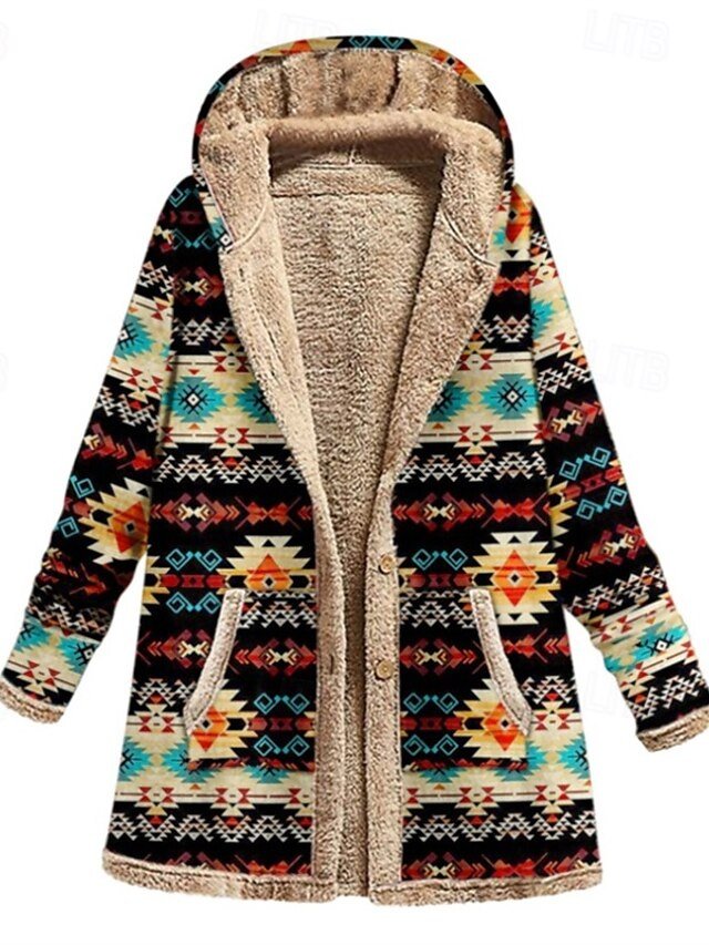 Modern Regular Geometric Hooded Long Sleeve Fleece Jacket - Image 1