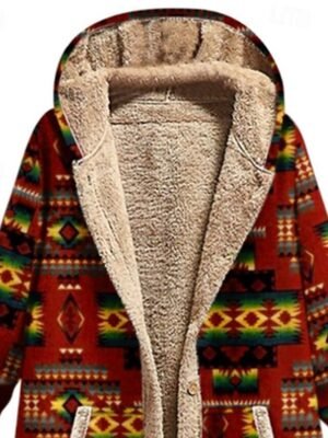 Modern Regular Geometric Hooded Long Sleeve Fleece Jacket - Image 3