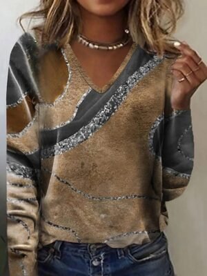 Modern Regular Marble Crew Neck Long Sleeve Tops - Image 1