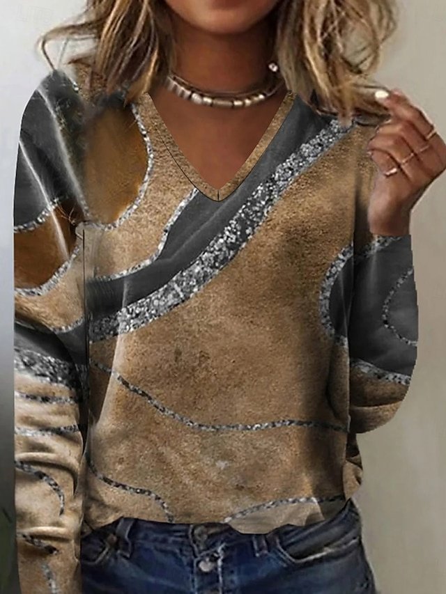 Modern Regular Marble Crew Neck Long Sleeve Tops - Image 1