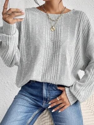 Modern Regular Plain Crew Neck Long Sleeve Backless Light Grey Blouse - Image 1