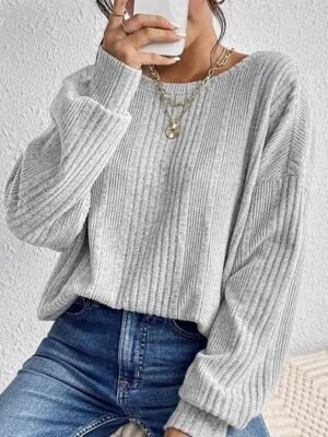 Modern Regular Plain Crew Neck Long Sleeve Backless Light Grey Blouse - Image 2