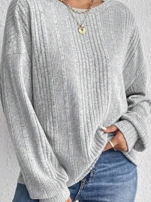 Modern Regular Plain Crew Neck Long Sleeve Backless Light Grey Blouse - Image 3