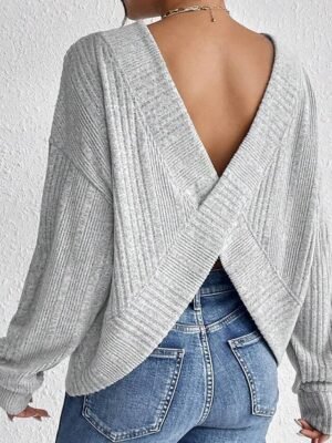 Modern Regular Plain Crew Neck Long Sleeve Backless Light Grey Blouse - Image 4