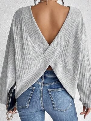 Modern Regular Plain Crew Neck Long Sleeve Backless Light Grey Blouse - Image 5