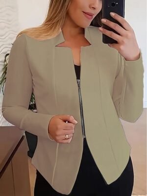 Modern Regular Plain Stand Collar Long Sleeve Blazer - Image 3