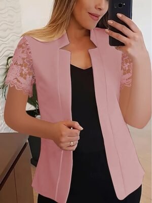 Modern Regular Plain Stand Collar Short Sleeve Blazer - Image 3