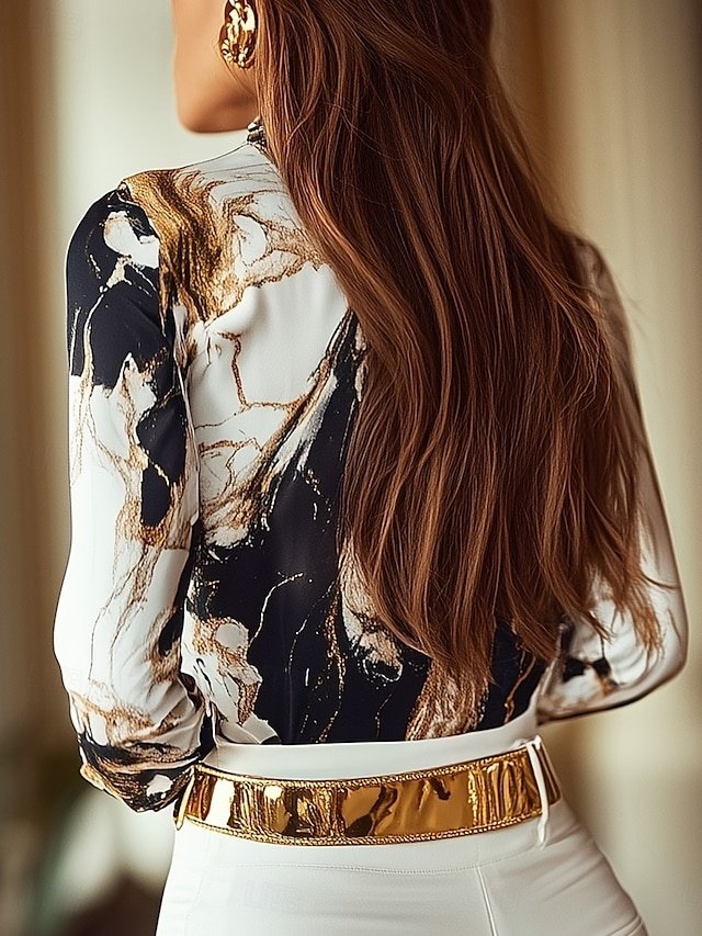 Modern Regular Print Shirt Collar Long Sleeve Blouse - Image 2