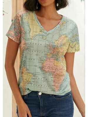 Modern Regular Print V Neck Short Sleeve T-Shirt - Image 2