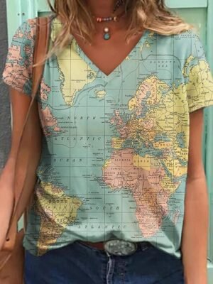 Modern Regular Print V Neck Short Sleeve T-Shirt - Image 3