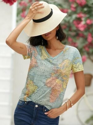 Modern Regular Print V Neck Short Sleeve T-Shirt - Image 5