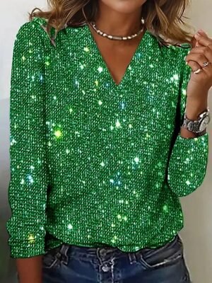 Modern Regular Sequin V Neck Long Sleeve Top - Image 6