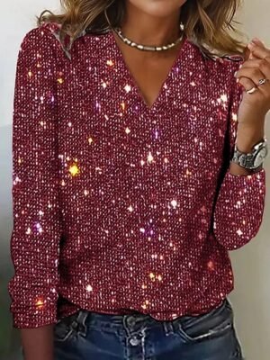 Modern Regular Sequin V Neck Long Sleeve Top - Image 8