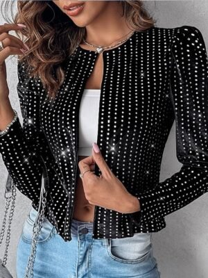 Modern Regular Sequins Crew Neck Long Sleeve Black Blouse - Image 4