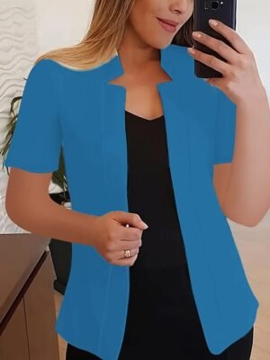 Modern Slim Fit Plain Stand Collar Short Sleeve Blazer - Image 11