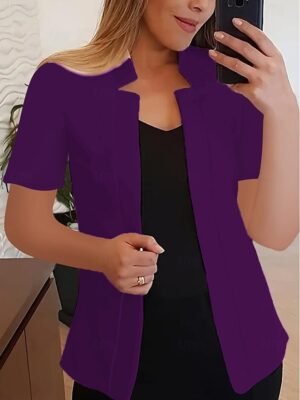 Modern Slim Fit Plain Stand Collar Short Sleeve Blazer - Image 14