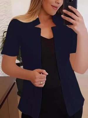 Modern Slim Fit Plain Stand Collar Short Sleeve Blazer - Image 6