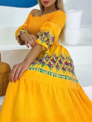 Modern Slim Floral Off Shoulder Half Sleeve Maxi Dress - Image 3