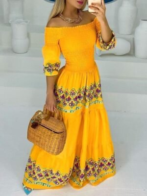 Modern Slim Floral Off Shoulder Half Sleeve Maxi Dress - Image 5