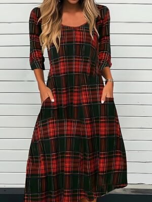 Modest Loose Plaid Crew Neck Long Sleeve Midi Sheath Dress - Image 1