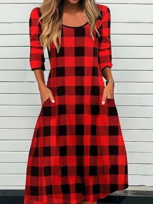 Modest Loose Plaid Crew Neck Long Sleeve Midi Sheath Dress - Image 2