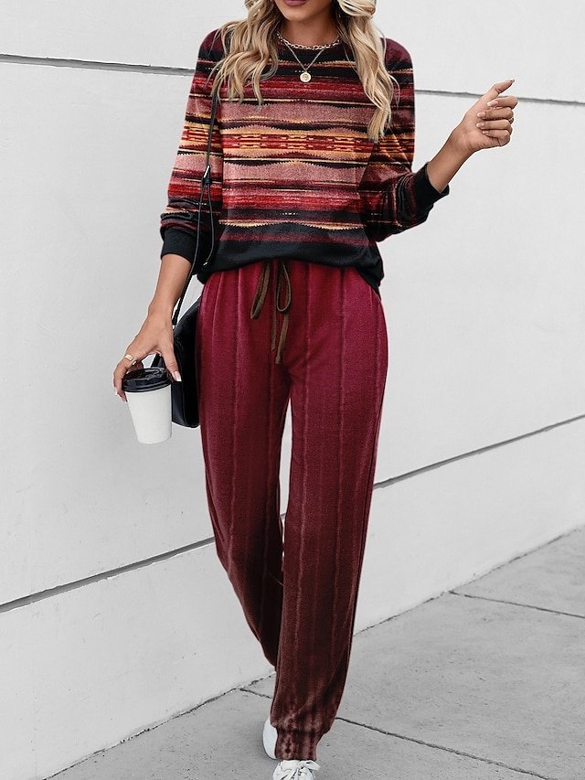Outdoor Casual Loose Striped Round Neck Long Sleeve Tracksuit Set - Image 1