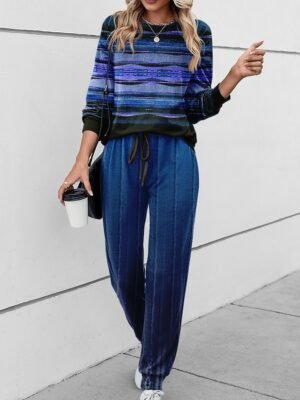 Outdoor Casual Loose Striped Round Neck Long Sleeve Tracksuit Set - Image 2