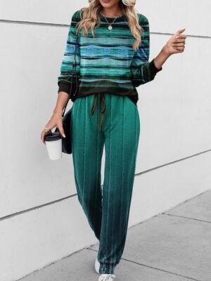 Outdoor Casual Loose Striped Round Neck Long Sleeve Tracksuit Set - Image 3
