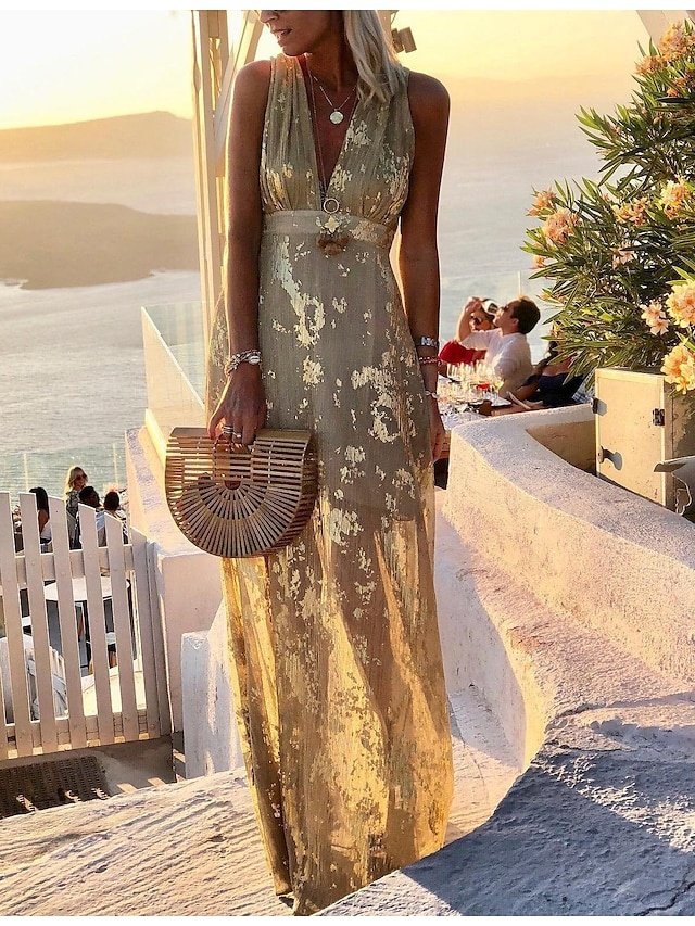 Party A Line Pure Colour Deep V Sleeveless Maxi Dress - Image 1