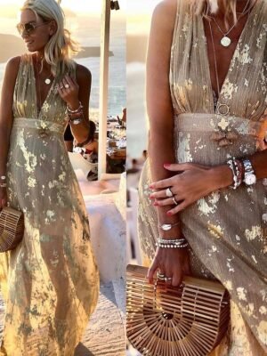 Party A Line Pure Colour Deep V Sleeveless Maxi Dress - Image 3