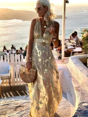 Party A Line Pure Colour Deep V Sleeveless Maxi Dress - Image 4