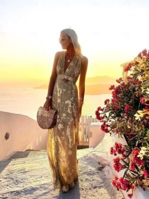 Party A Line Pure Colour Deep V Sleeveless Maxi Dress - Image 5