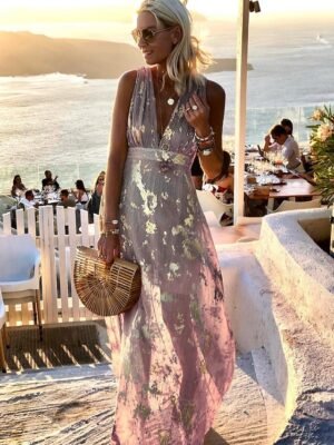 Party A Line Pure Colour Deep V Sleeveless Maxi Dress - Image 9