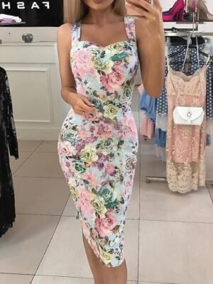Party Bodycon Floral Spaghetti Strap Sleeveless Midi Dress - Image 1
