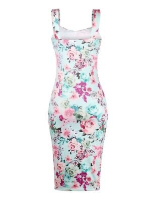 Party Bodycon Floral Spaghetti Strap Sleeveless Midi Dress - Image 3