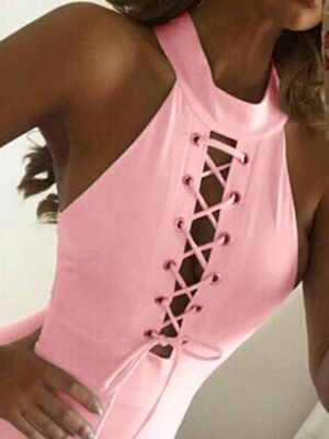 Party Bodycon Lace-Up Cut Out Halter Sleeveless Midi Dress - Image 5