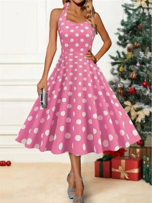 Party Fitted Polka Dot Halter Neck Sleeveless Midi Dress - Image 1